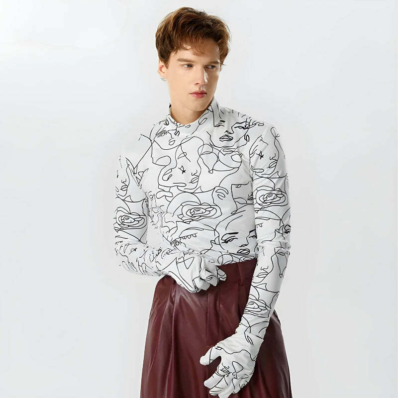 Abstract Faces Gloves Top - Y2K Fashion, Grunge Aesthetic, Cute Tops