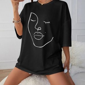 Abstract Woman Face Tee - Y2K Aesthetic Top for Grunge & Coquette Styles