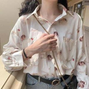 Angelic Girl Long Sleeve Blouse - Y2K Fashion Cute Top for Aesthetic Looks