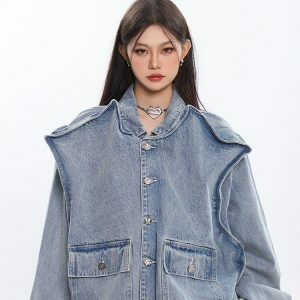 Asymmetric Design Denim Jacket - Y2K Fashion, Grunge Aesthetic, Cute Tops