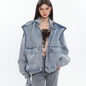 Asymmetric Design Denim Jacket - Y2K Fashion, Grunge Aesthetic, Cute Tops