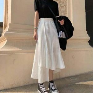 Asymmetric Pleated Midi Skirt - Y2K Fashion, Grunge Aesthetic, Cute Tops