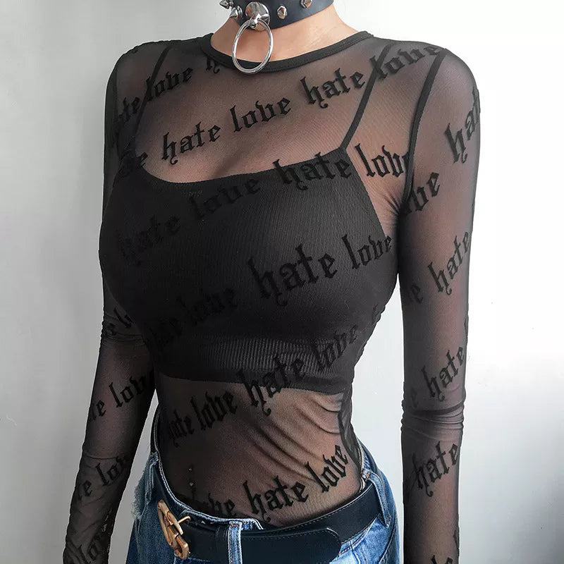 Baddie Love Hate Sheer Mesh Top - Y2K Aesthetic Cute Top for Grunge Style