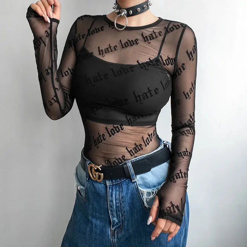 Baddie Love Hate Sheer Mesh Top - Y2K Aesthetic Cute Top for Grunge Style