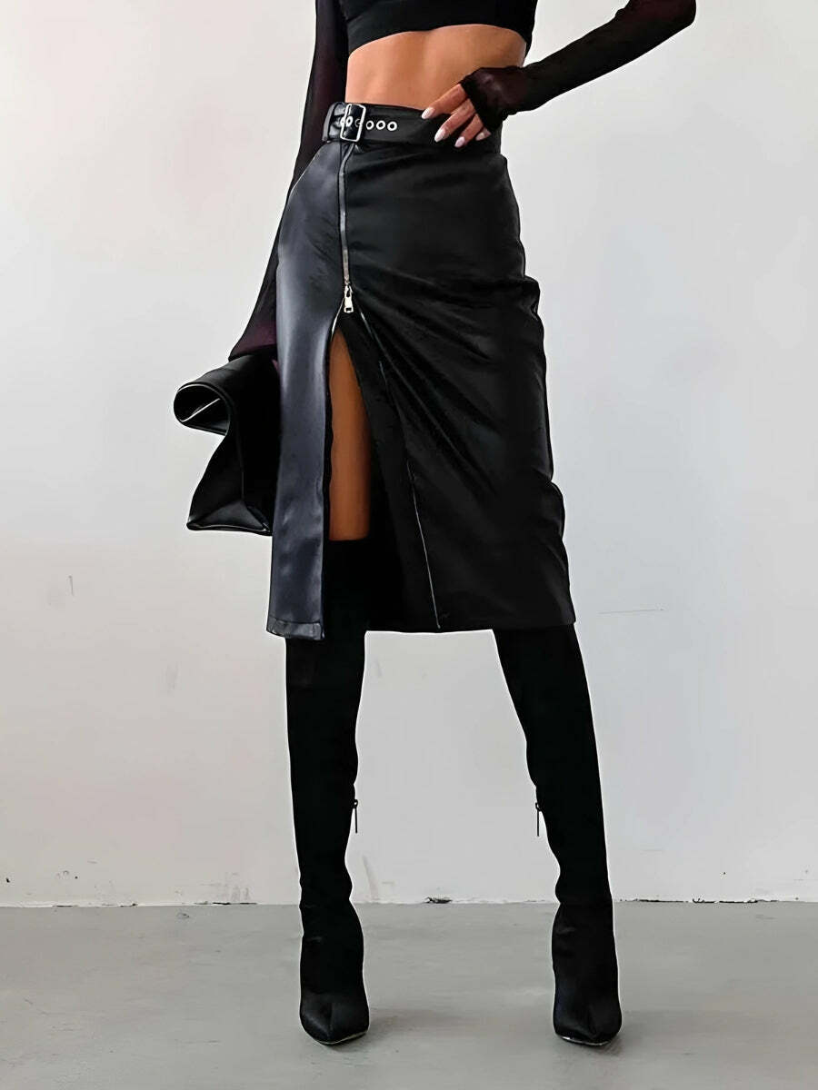 Baddie Y2K Zip-Up Slit Midi Pencil Skirt for Grunge & Coquette Aesthetic