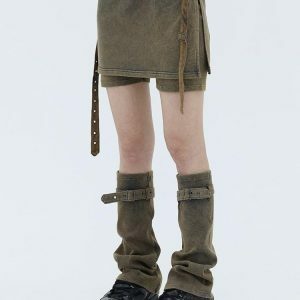 Belted Denim Mini Skort with Leg Warmers - Y2K Fashion Essential