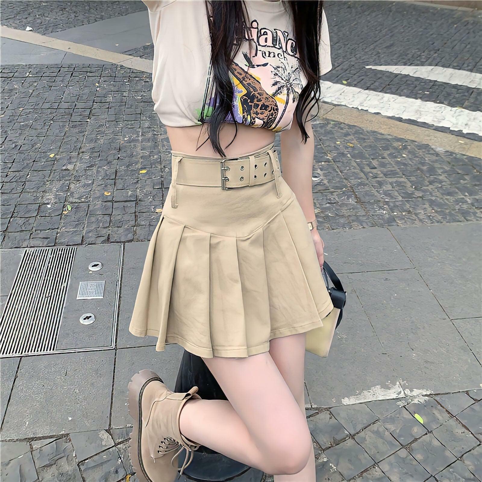 Belted Pleated Mini Skirt - Y2K Fashion, Grunge Aesthetic, Cute Tops