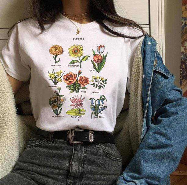 Botanical Wildflower Print T-Shirt - Y2K Aesthetic Cute Top for Grunge Style