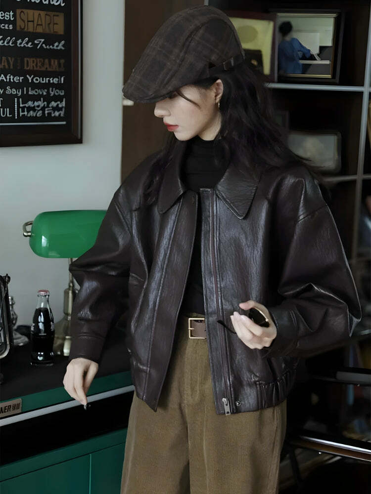 Brown Faux Leather Jacket - Y2K Fashion Essential for Grunge Aesthetic