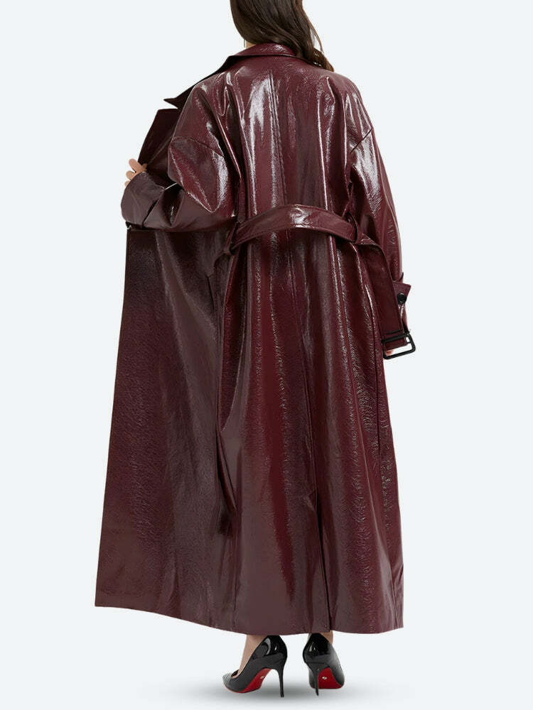 Burgundy Faux Leather Y2K Coat for Grunge and Coquette Aesthetic Outfits