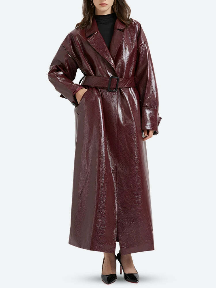 Burgundy Faux Leather Y2K Coat for Grunge and Coquette Aesthetic Outfits