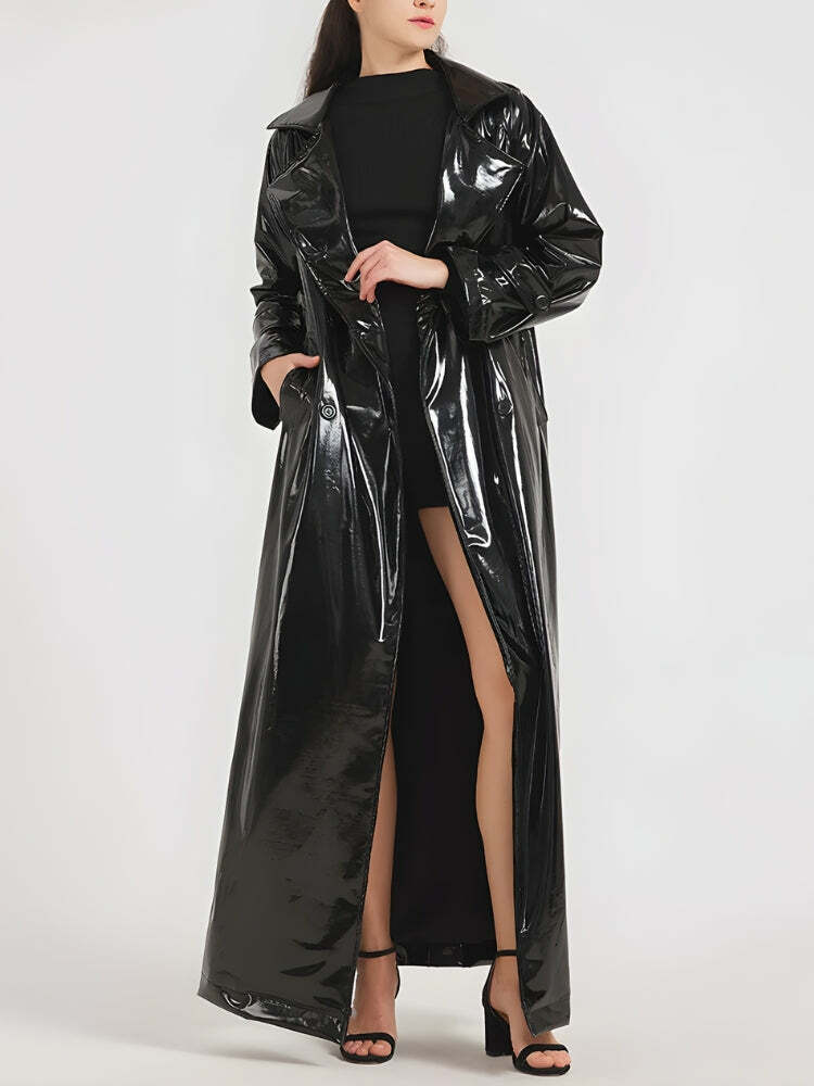 Chic Black Trench Coat for Y2K Fashion: Grunge & Coquette Aesthetic