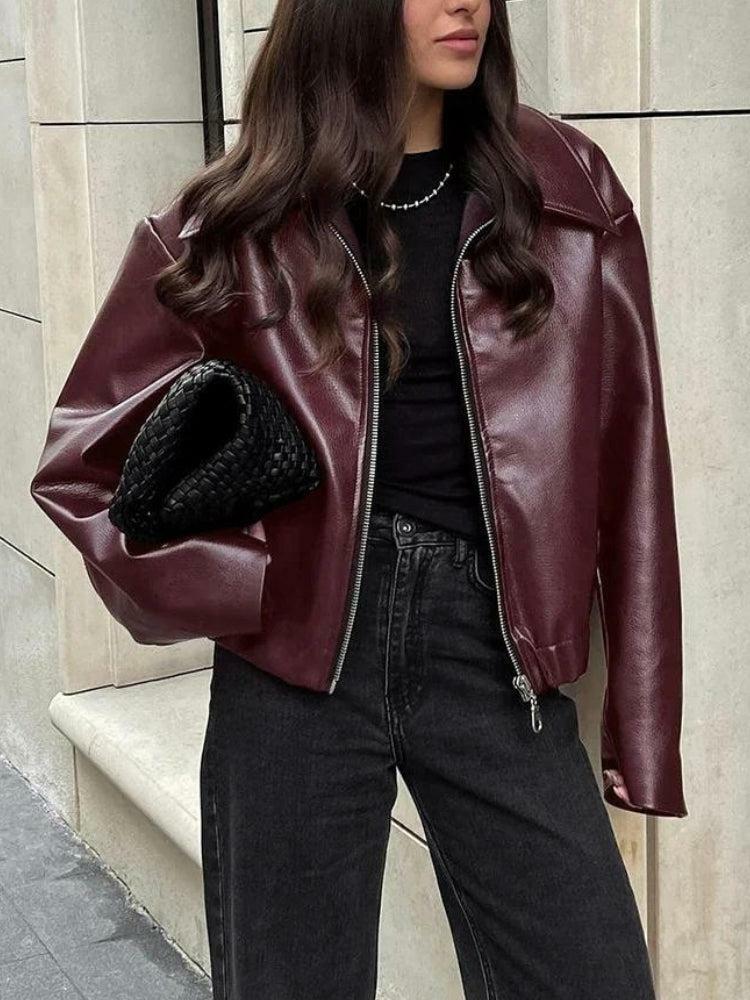 Chic Faux Leather Burgundy Jacket for Y2K Fashion & Grunge Aesthetic