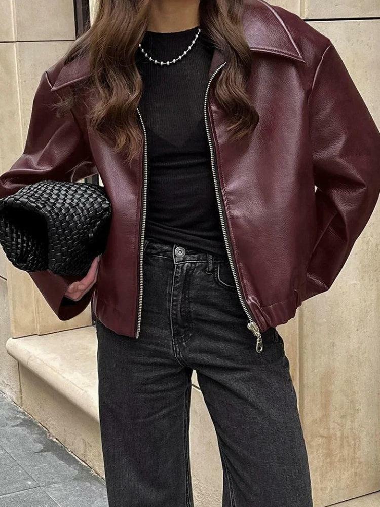 Chic Faux Leather Burgundy Jacket for Y2K Fashion & Grunge Aesthetic