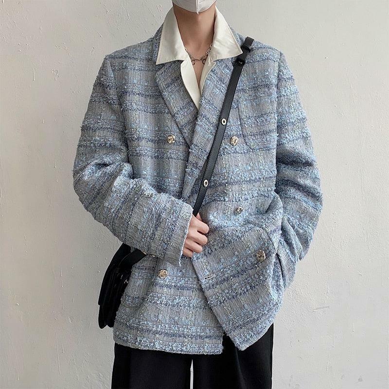 Chic Lapel Collar Blue Tweed Blazer for Y2K Fashion & Aesthetic Outfits