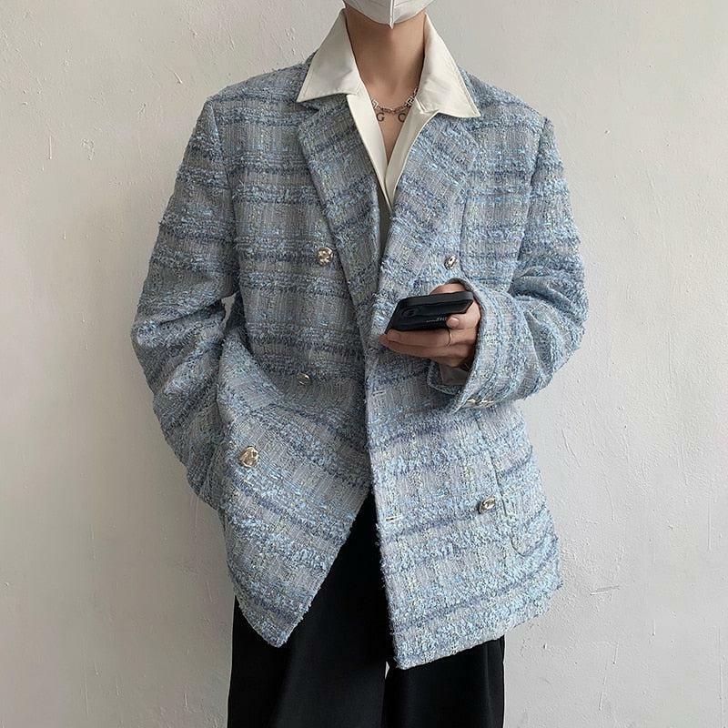 Chic Lapel Collar Blue Tweed Blazer for Y2K Fashion & Aesthetic Outfits