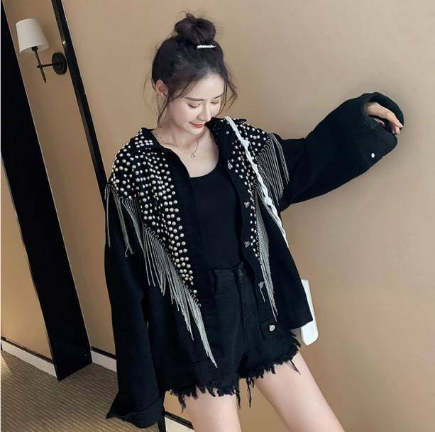 Chic Tassel Black Jacket for Y2K Fashion & Grunge Aesthetic Outfits