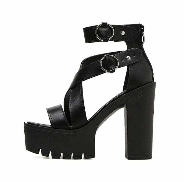 Chunky Round Buckle High Heels - Y2K Fashion Statement for Grunge Aesthetic