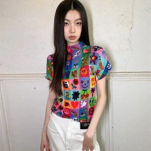 Colorful Sketchbook Pleated Top - Y2K Fashion, Cute Tops, Aesthetic Style