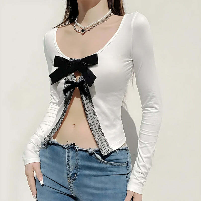 Coquette Aesthetic Bow Open Front Top | Y2K Fashion Cute Tops