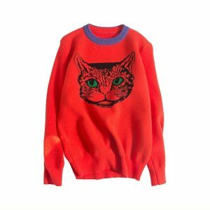 Coquette Aesthetic Cat Sweater - Y2K Fashion Cute Tops for Fall