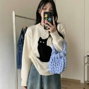 Coquette Aesthetic Cat Sweater - Y2K Fashion Cute Tops for Fall