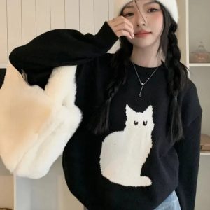 Coquette Aesthetic Cat Sweater - Y2K Fashion Cute Tops for Fall