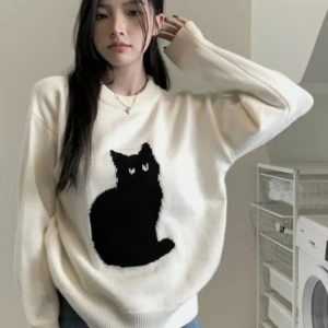 Coquette Aesthetic Cat Sweater - Y2K Fashion Cute Tops for Fall