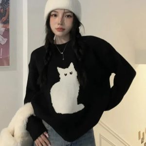 Coquette Aesthetic Cat Sweater - Y2K Fashion Cute Tops for Fall