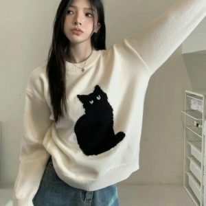 Coquette Aesthetic Cat Sweater - Y2K Fashion Cute Tops for Fall