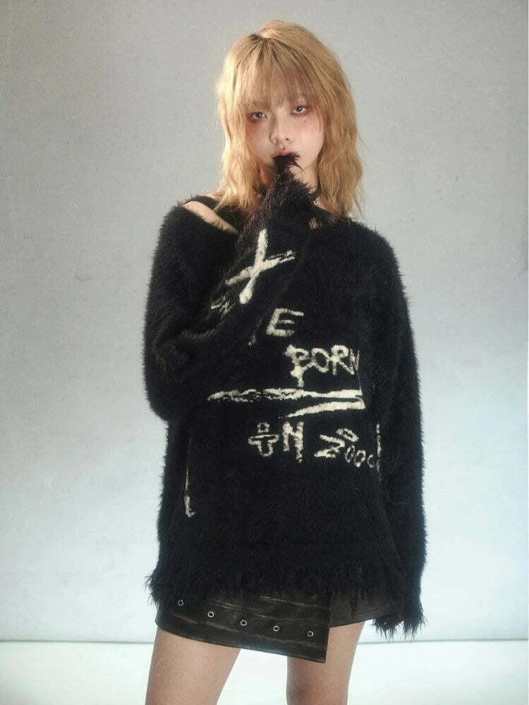 Coquette Aesthetic Grunge Fluffy Knitted Sweater for Y2K Fashion Lovers