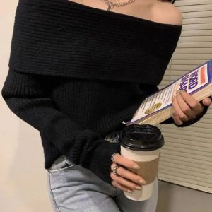 Coquette Aesthetic Off Shoulder Knitted Sweater - Y2K Fashion Essential