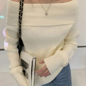 Coquette Aesthetic Off Shoulder Knitted Sweater - Y2K Fashion Essential