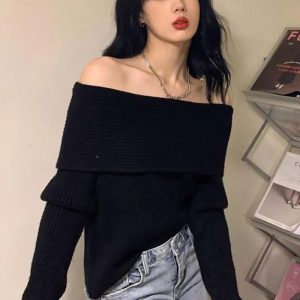 Coquette Aesthetic Off Shoulder Knitted Sweater - Y2K Fashion Essential