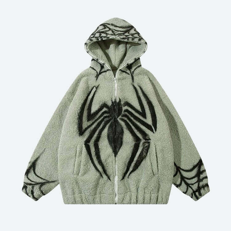 Coquette Aesthetic Spider Full Zip-Up Teddy Hoodie Jacket for Y2K Fashion