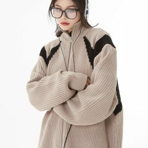 Coquette Aesthetic Turtleneck Zip-Up Loose Cardigan for Y2K Fashion