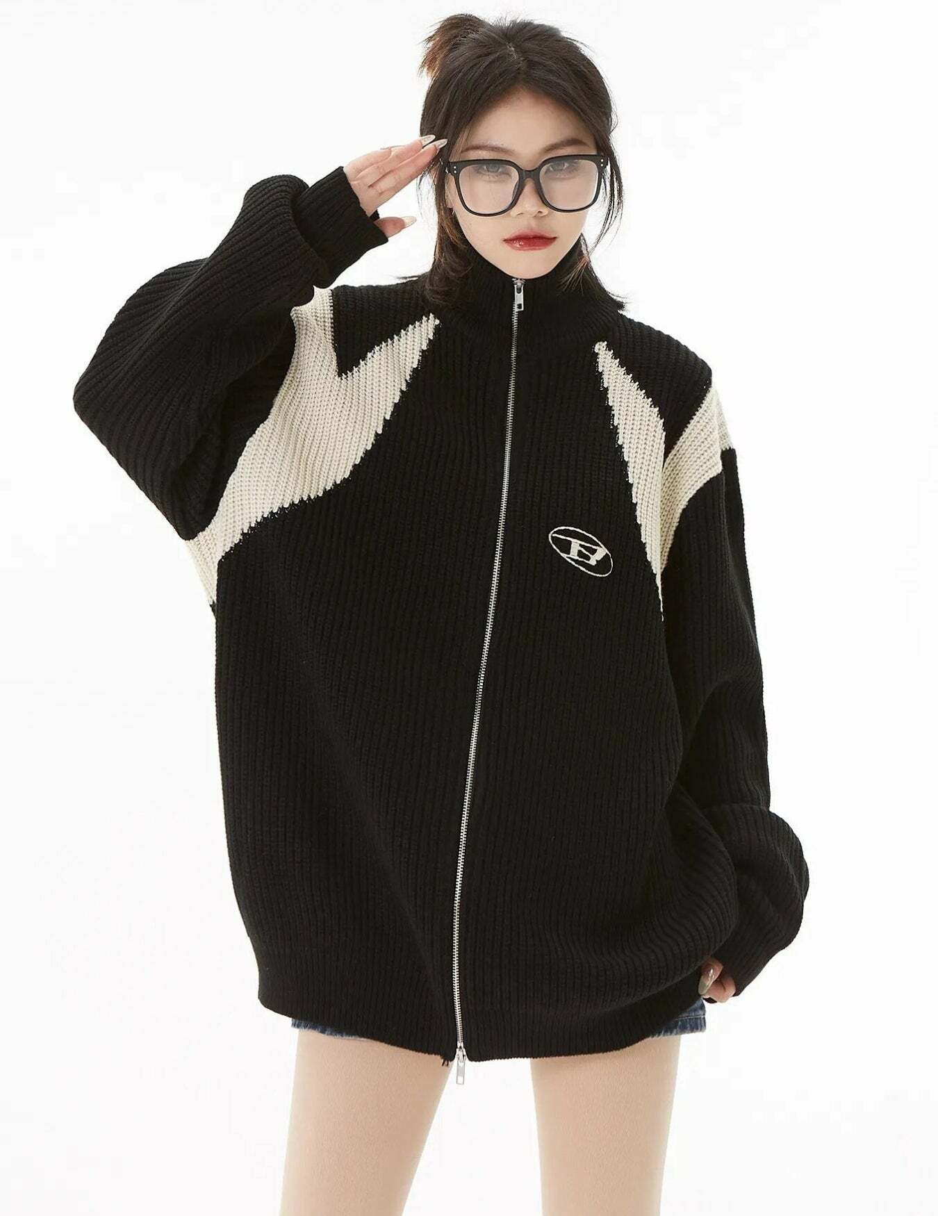 Coquette Aesthetic Turtleneck Zip-Up Loose Cardigan for Y2K Fashion