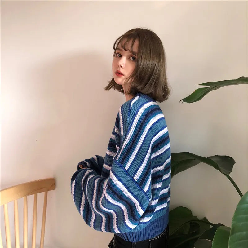 Coquette Aesthetic Wide Sleeved Striped Knitted Sweater for Y2K Fashion