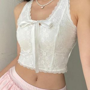 Coquette Bow Halter Neck Top - Y2K Fashion Cute Aesthetic Tops