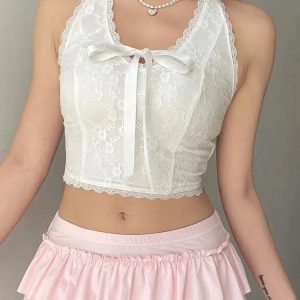 Coquette Bow Halter Neck Top - Y2K Fashion Cute Aesthetic Tops