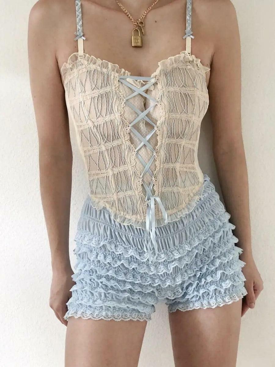 Coquette Lace Ruched Ruffled Shorts - Y2K Aesthetic Cute Tops & Outfits