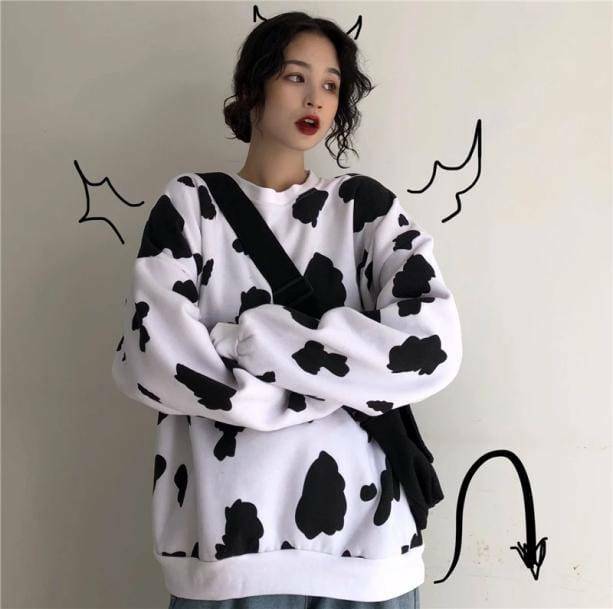 Cow Print Y2K Sweatshirt - Cute Grunge Aesthetic Top for Trendy Outfits