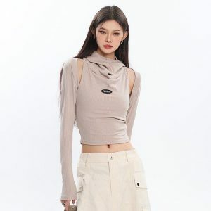 Cowl Collar Cut-Out Crop Top - Y2K Fashion, Coquette & Grunge Aesthetic