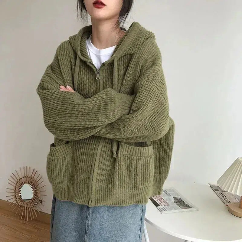 Cozy Oversized Knitted Hooded Cardigan for Y2K Fashion Lovers