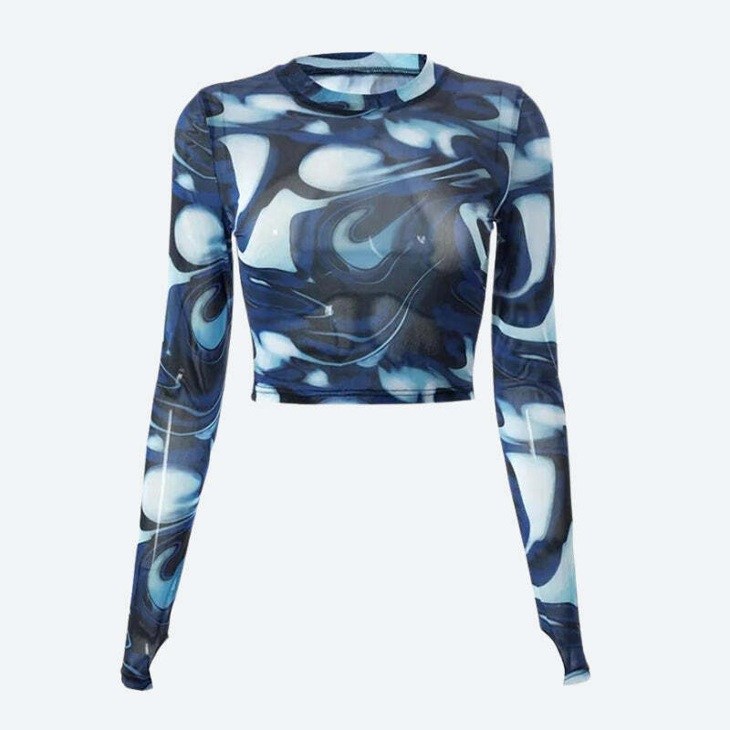 Cyberpunk Blue Aura Sheer Top - Y2K Fashion, Grunge Aesthetic, Cute Tops