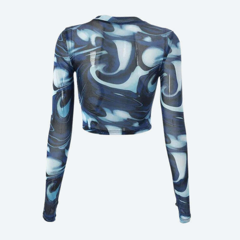 Cyberpunk Blue Aura Sheer Top - Y2K Fashion, Grunge Aesthetic, Cute Tops