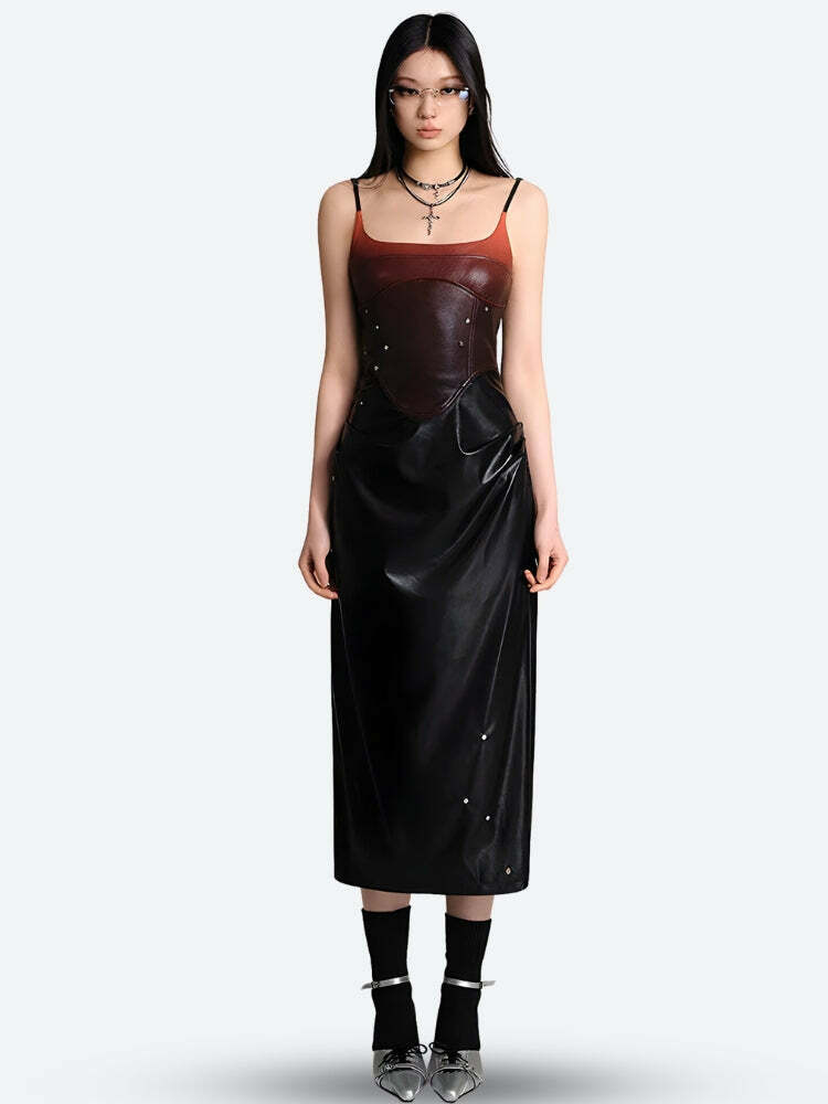 Cyberpunk Faux Leather Midi Dress - Y2K Fashion & Grunge Aesthetic