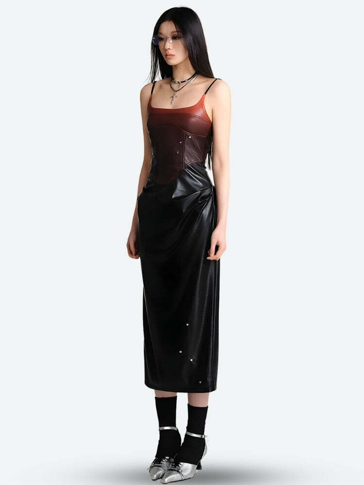 Cyberpunk Faux Leather Midi Dress - Y2K Fashion & Grunge Aesthetic