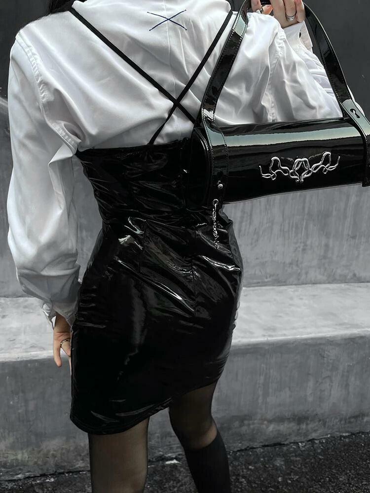 Cyberpunk Faux Patent Leather Mini Dress - Y2K Grunge Aesthetic Style