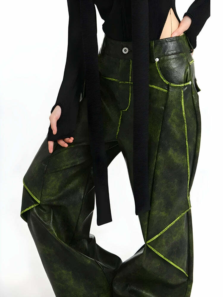 Cyberpunk Forest Faux Leather Pants - Y2K Grunge Aesthetic Outfit